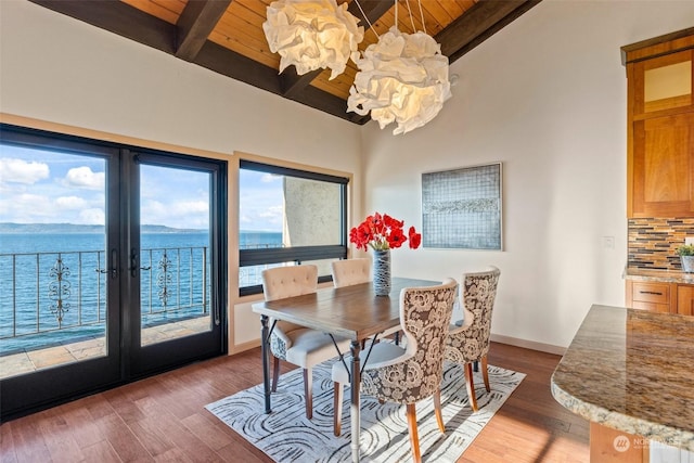 dining room featuring a water view, hardwood / wood-style flooring, and wooden ceiling