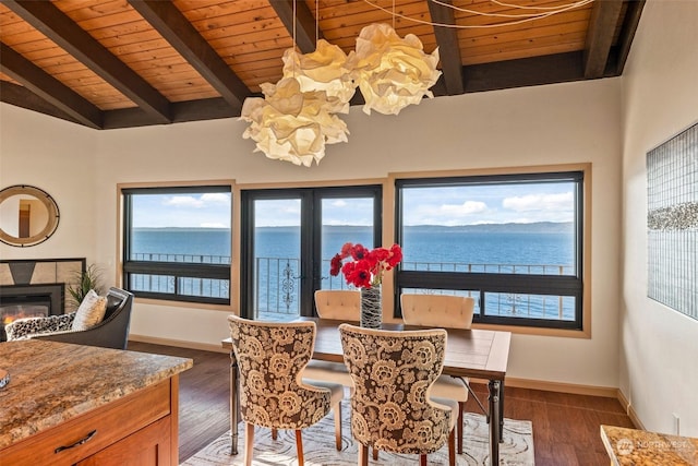 dining room featuring dark hardwood / wood-style floors, a fireplace, lofted ceiling with beams, a water view, and wooden ceiling