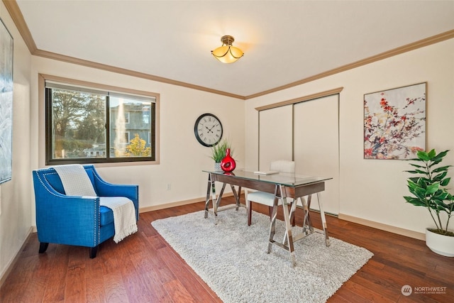 office featuring ornamental molding and dark hardwood / wood-style flooring