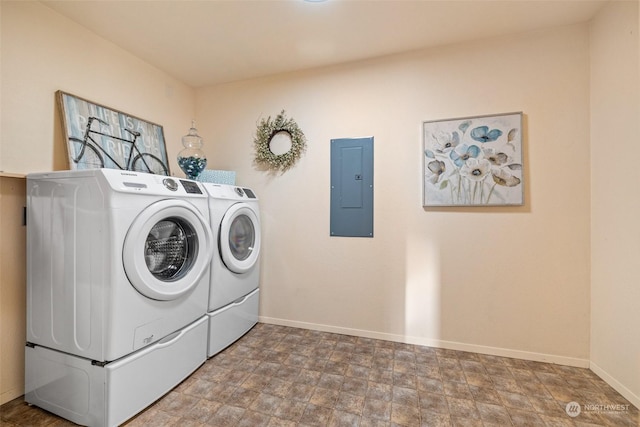 laundry room with electric panel and washing machine and dryer