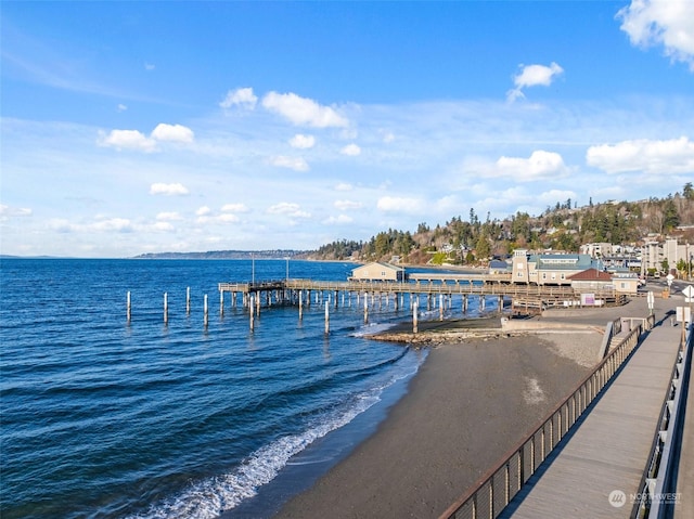 property view of water with a view of the beach and a boat dock