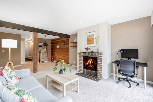 carpeted living room featuring a fireplace, wooden walls, beam ceiling, and a baseboard radiator