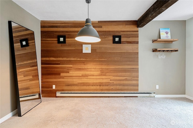 interior space featuring beamed ceiling, carpet floors, wooden walls, and baseboard heating