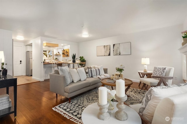 living room with dark wood-type flooring