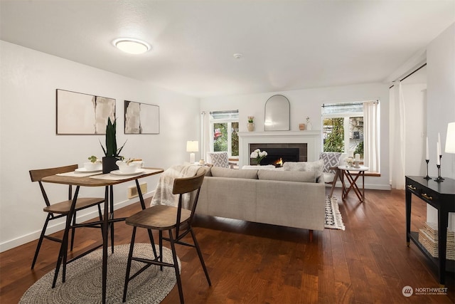 living room featuring a tiled fireplace, plenty of natural light, and dark hardwood / wood-style floors