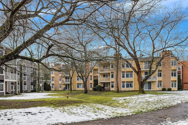 view of snow covered building