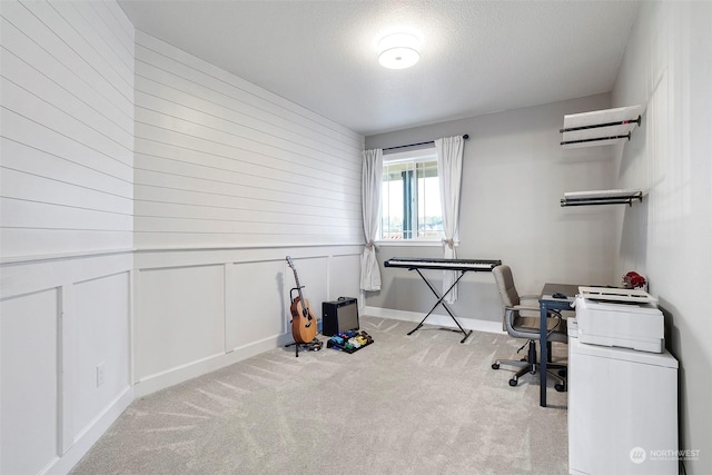 office featuring light colored carpet and a textured ceiling