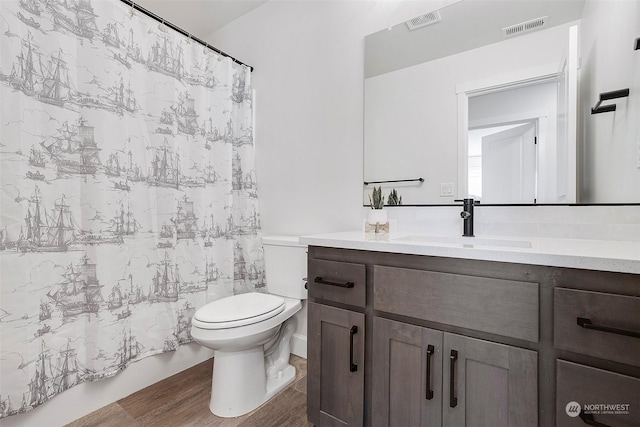 bathroom featuring vanity, wood-type flooring, and toilet