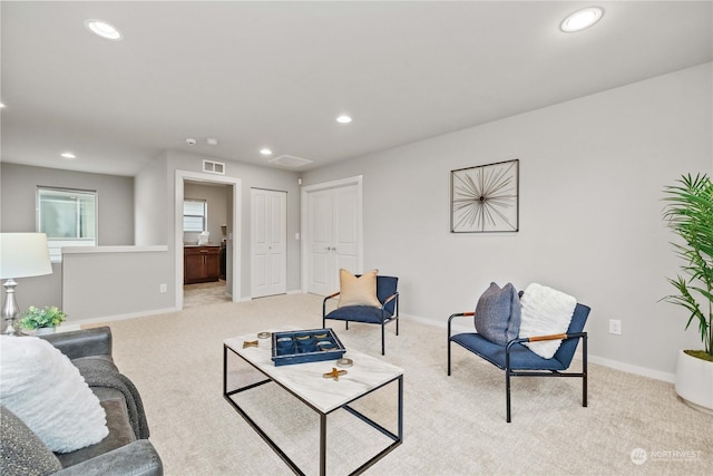 living room featuring light carpet