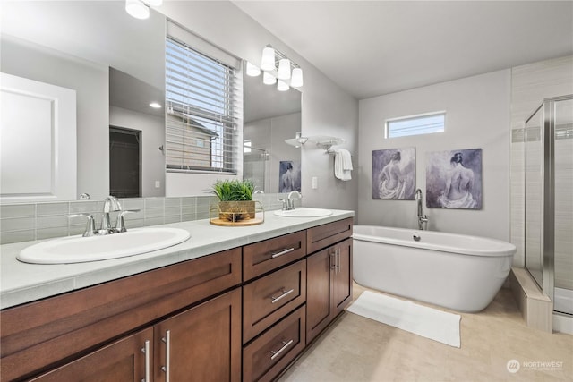 bathroom featuring vanity and plus walk in shower