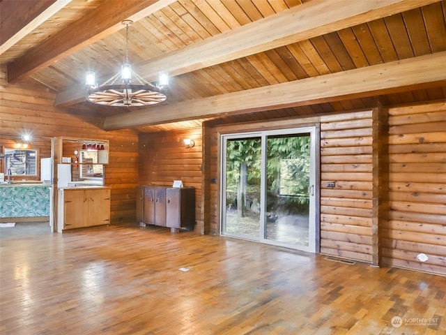 unfurnished living room with hardwood / wood-style floors, beam ceiling, a notable chandelier, and wooden ceiling