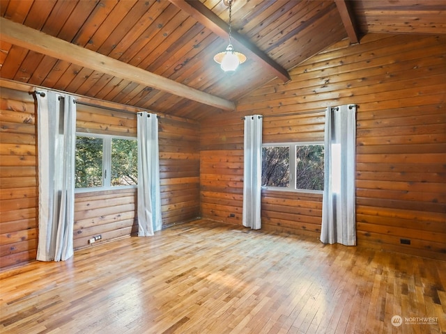 unfurnished room featuring wood ceiling, hardwood / wood-style flooring, and lofted ceiling with beams