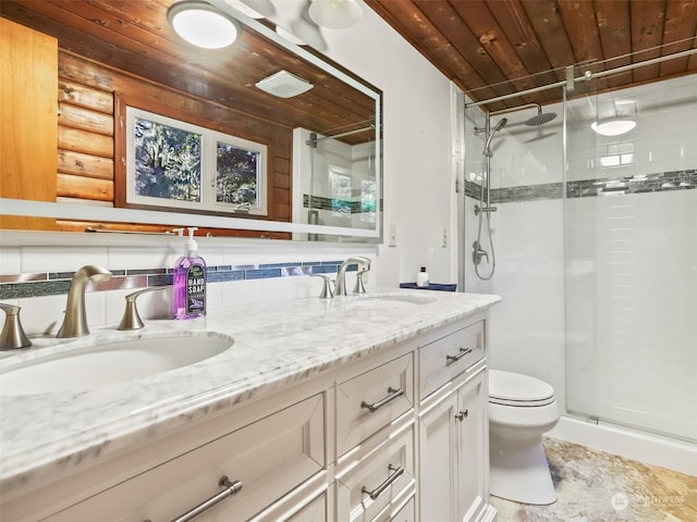 bathroom with vanity, an enclosed shower, wood ceiling, and toilet