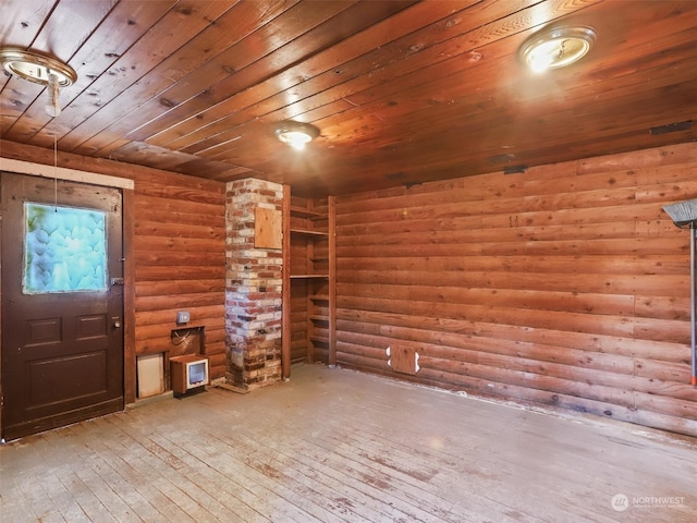 unfurnished living room featuring wood-type flooring, rustic walls, and wooden ceiling