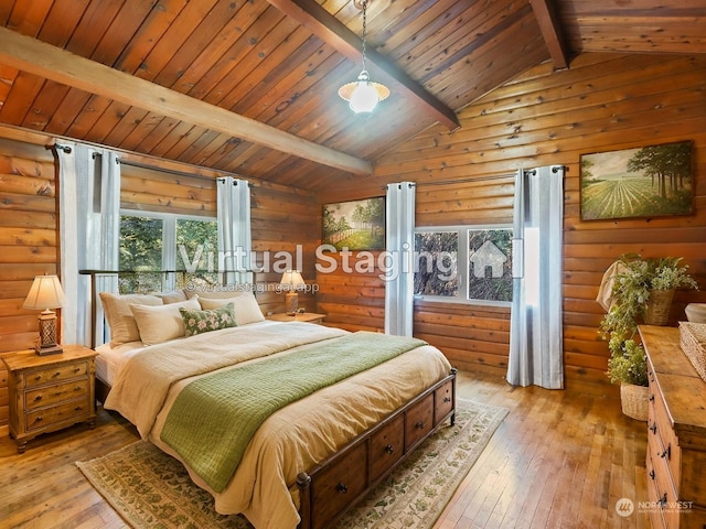 bedroom featuring wood ceiling, wood walls, light hardwood / wood-style floors, and vaulted ceiling with beams