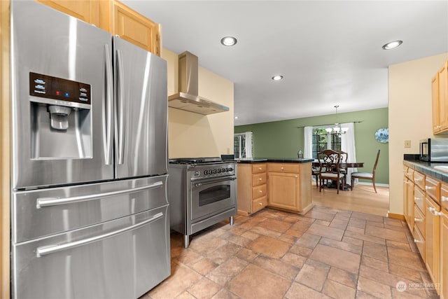 kitchen featuring extractor fan, appliances with stainless steel finishes, decorative light fixtures, a notable chandelier, and light brown cabinets