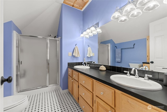 bathroom featuring vanity, toilet, a shower with shower door, and vaulted ceiling