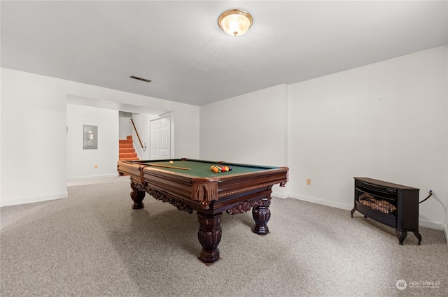 rec room featuring pool table, electric panel, and carpet