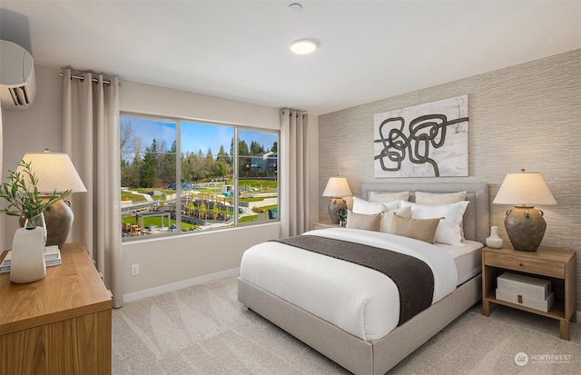 bedroom with carpet flooring and a wall unit AC