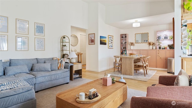 living room featuring a towering ceiling and light hardwood / wood-style flooring