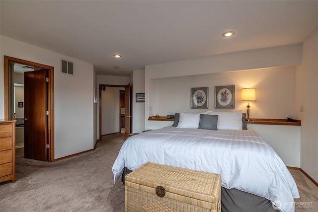 carpeted bedroom featuring visible vents, recessed lighting, and baseboards