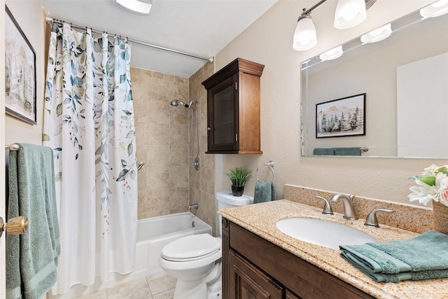 full bath with toilet, tile patterned flooring, vanity, and shower / tub combo with curtain