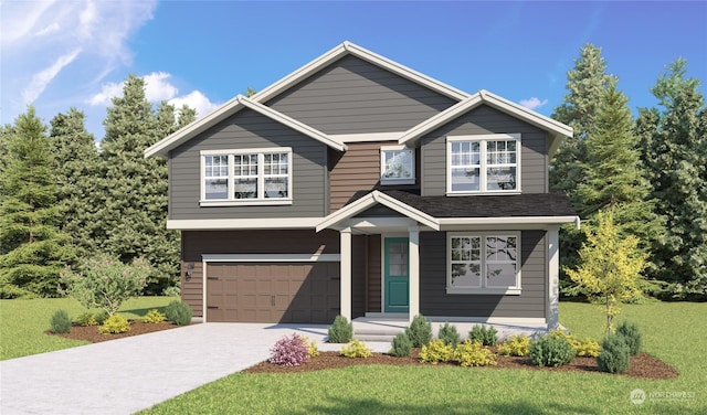 view of front of property with a garage and a front lawn