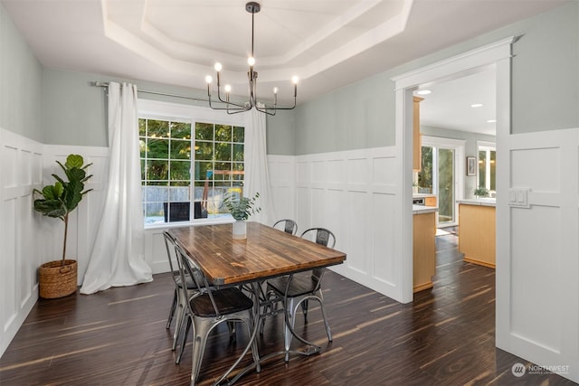 dining room featuring dark wood-type flooring, a raised ceiling, and a healthy amount of sunlight