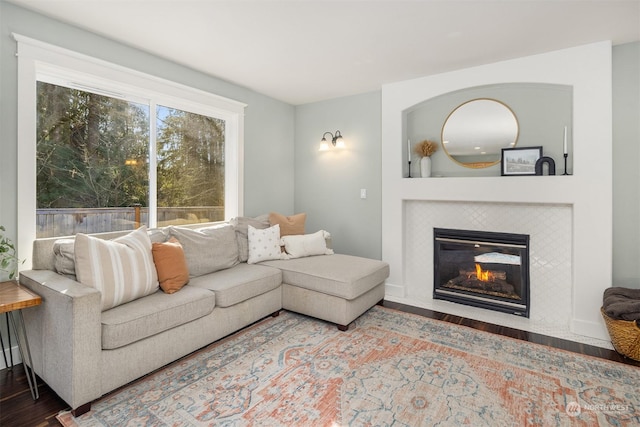 living room featuring a fireplace and hardwood / wood-style floors