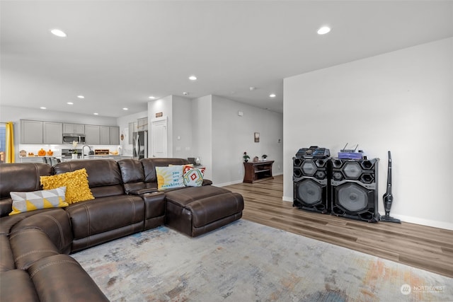 living room featuring sink and light hardwood / wood-style floors