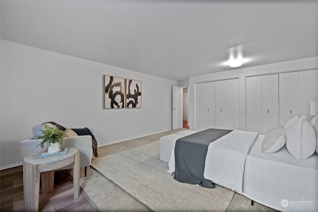 bedroom featuring hardwood / wood-style floors and two closets