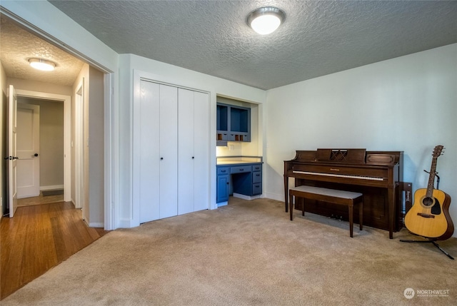 misc room with light carpet and a textured ceiling