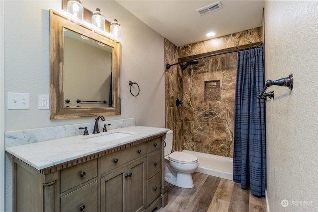 bathroom featuring vanity, wood-type flooring, toilet, and a shower with shower curtain