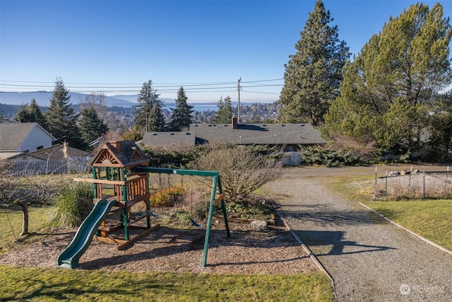 view of play area with a mountain view