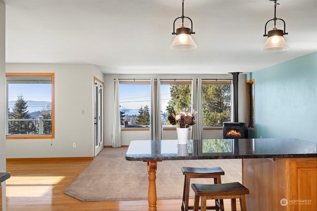 dining space with light hardwood / wood-style floors and a wood stove