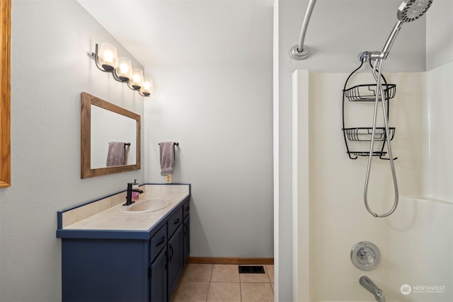 bathroom featuring tile patterned floors,  shower combination, and vanity