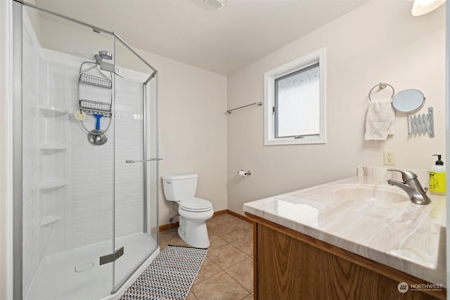 bathroom with tile patterned floors, toilet, an enclosed shower, and vanity