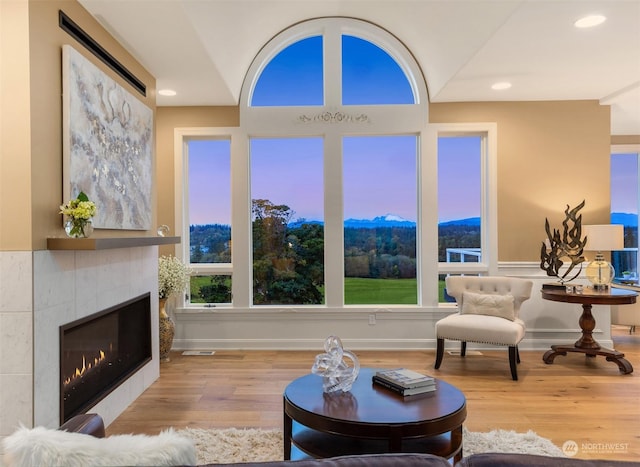 living room featuring a tiled fireplace and light hardwood / wood-style flooring