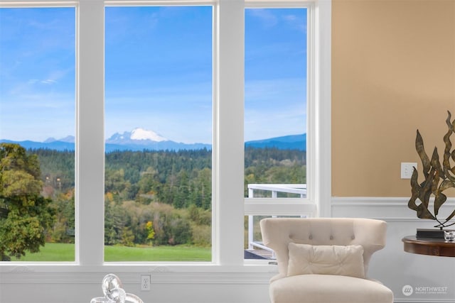 living area featuring a mountain view