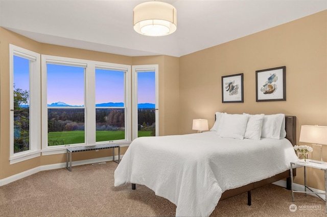 carpeted bedroom with a mountain view