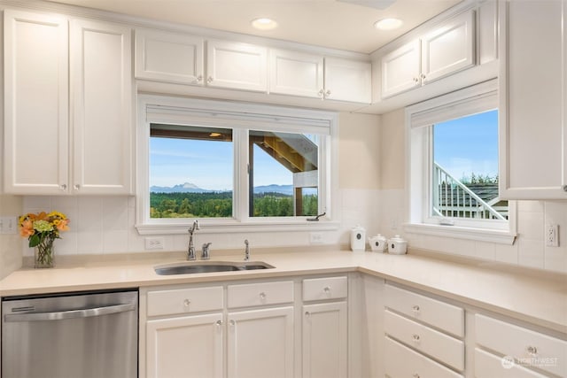 kitchen with white cabinetry, a mountain view, sink, and stainless steel dishwasher