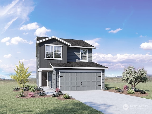 front facade featuring a garage and a front lawn