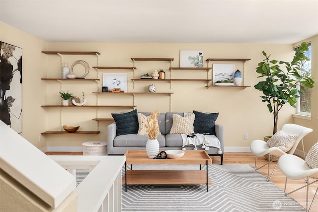 living room with baseboards and wood finished floors