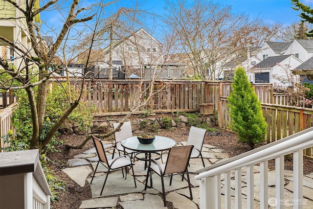 view of patio featuring outdoor dining space, a fenced backyard, and a residential view