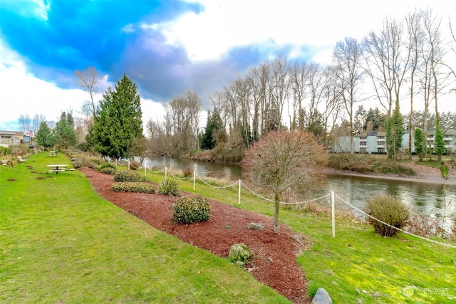 view of yard with a water view