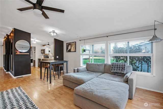 living room featuring ceiling fan and light hardwood / wood-style floors