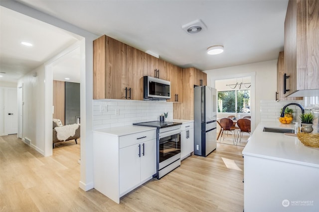 kitchen featuring sink, light hardwood / wood-style flooring, white cabinetry, backsplash, and stainless steel appliances