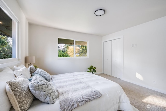 carpeted bedroom with a closet