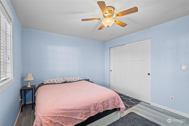 bedroom featuring multiple windows, a closet, ceiling fan, and light wood-type flooring