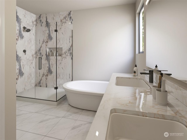 full bath with marble finish floor, a marble finish shower, a freestanding tub, and a sink